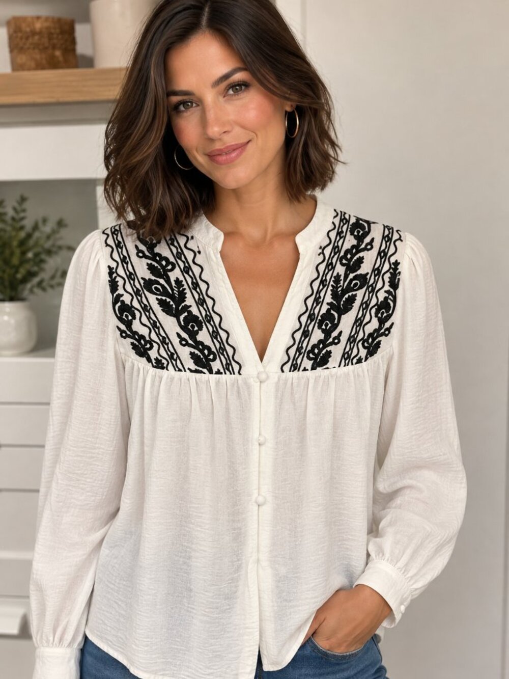 NWOT White Viscose Blouse with Black Embroidery